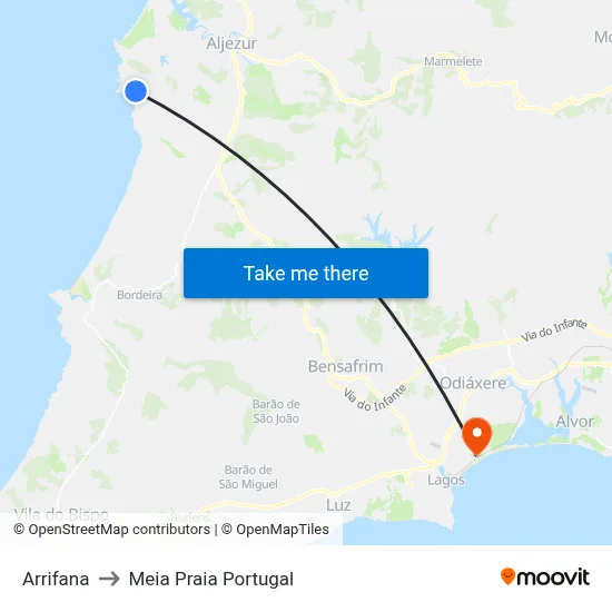 Arrifana to Meia Praia Portugal map