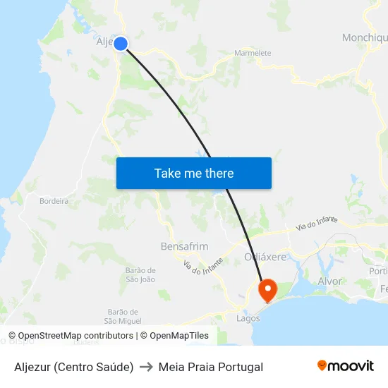 Aljezur (Centro Saúde) to Meia Praia Portugal map