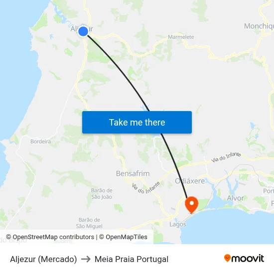 Aljezur (Mercado) to Meia Praia Portugal map