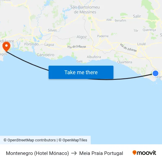 Montenegro (Hotel Mónaco) to Meia Praia Portugal map