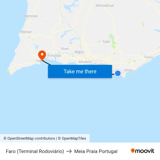 Faro (Terminal Rodoviário) to Meia Praia Portugal map