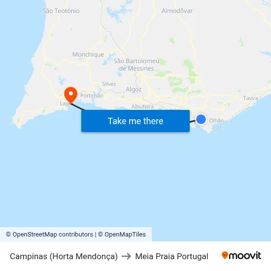 Campinas (Horta Mendonça) to Meia Praia Portugal map