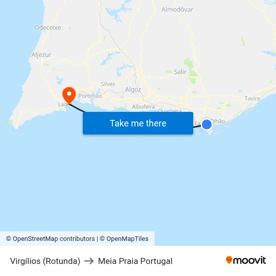 Virgílios (Rotunda) to Meia Praia Portugal map