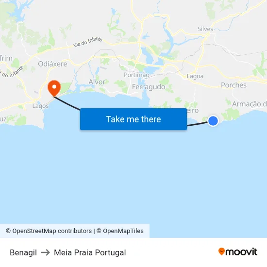 Benagil to Meia Praia Portugal map