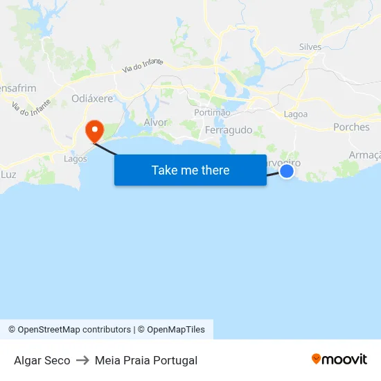 Algar Seco to Meia Praia Portugal map
