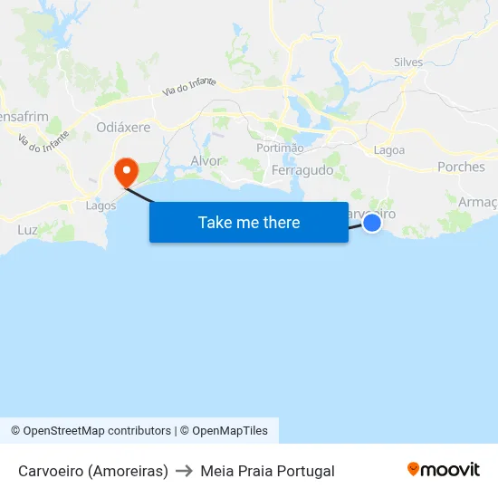 Carvoeiro (Amoreiras) to Meia Praia Portugal map