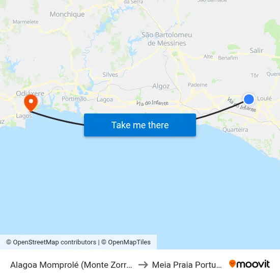 Alagoa Momprolé (Monte Zorros) to Meia Praia Portugal map
