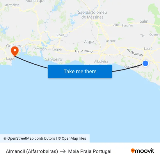 Almancil (Alfarrobeiras) to Meia Praia Portugal map