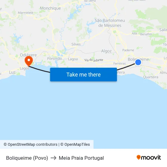 Boliqueime (Povo) to Meia Praia Portugal map