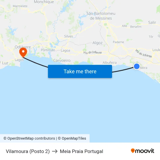 Vilamoura (Posto 2) to Meia Praia Portugal map