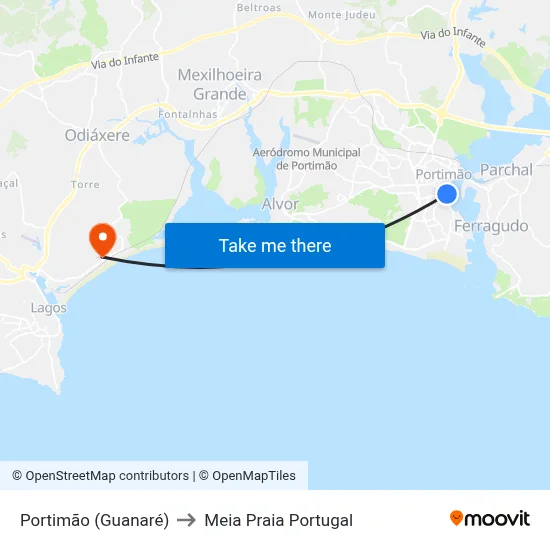 Portimão (Guanaré) to Meia Praia Portugal map