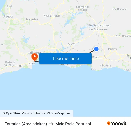 Ferrarias (Amoladeiras) to Meia Praia Portugal map