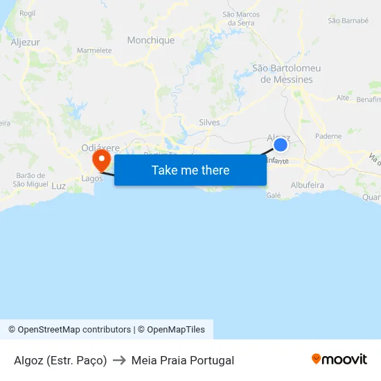 Algoz (Estr. Paço) to Meia Praia Portugal map