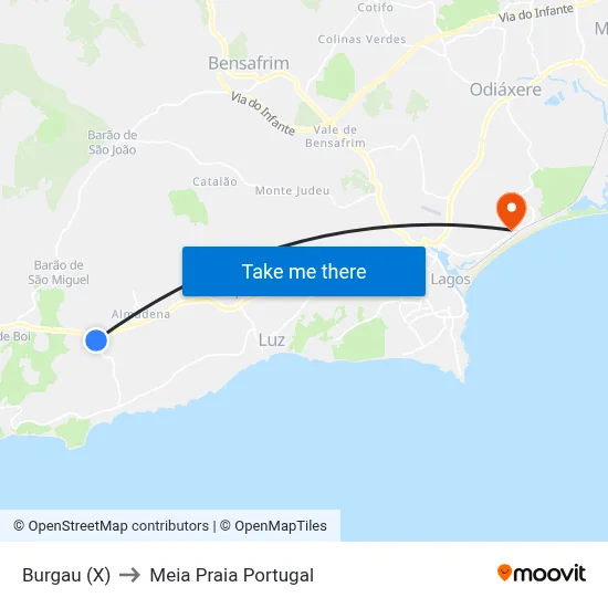 Burgau (X) to Meia Praia Portugal map