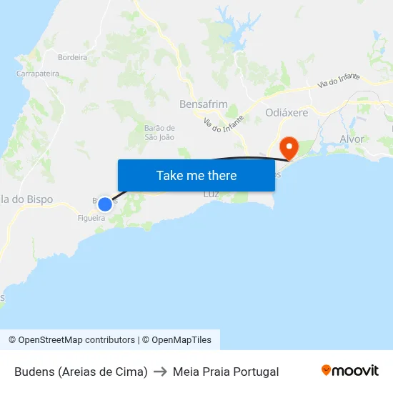 Budens (Areias de Cima) to Meia Praia Portugal map