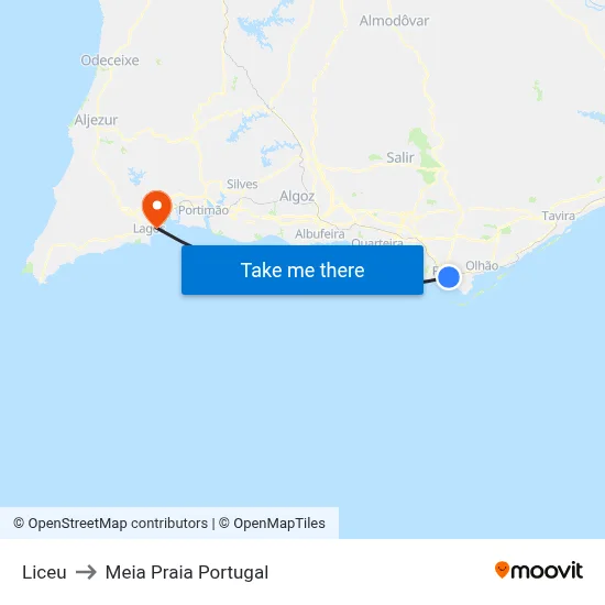 Liceu to Meia Praia Portugal map
