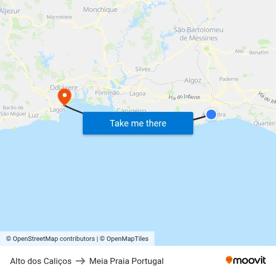 Alto dos Caliços to Meia Praia Portugal map