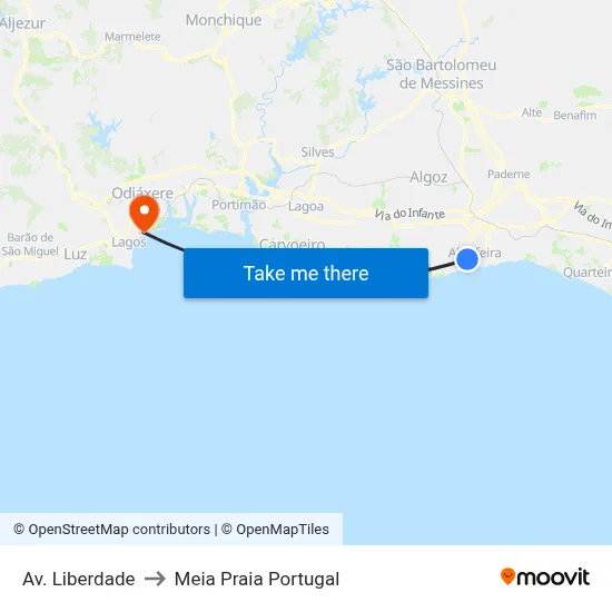 Av. Liberdade to Meia Praia Portugal map