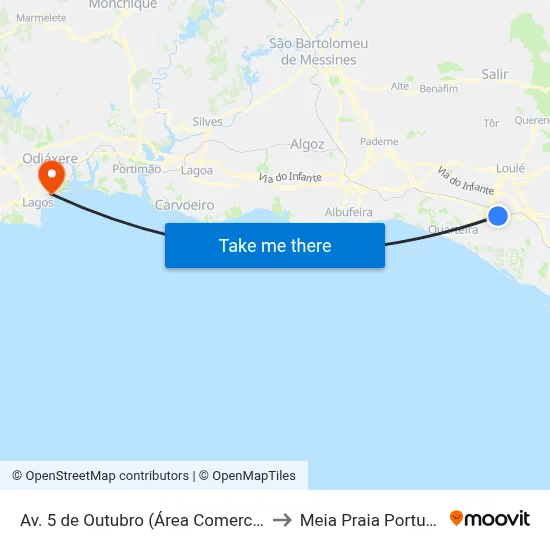 Av. 5 de Outubro (Área Comercial) to Meia Praia Portugal map