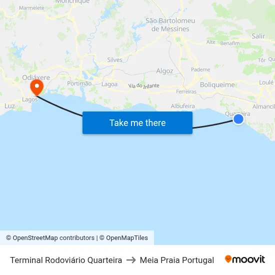 Terminal Rodoviário Quarteira to Meia Praia Portugal map