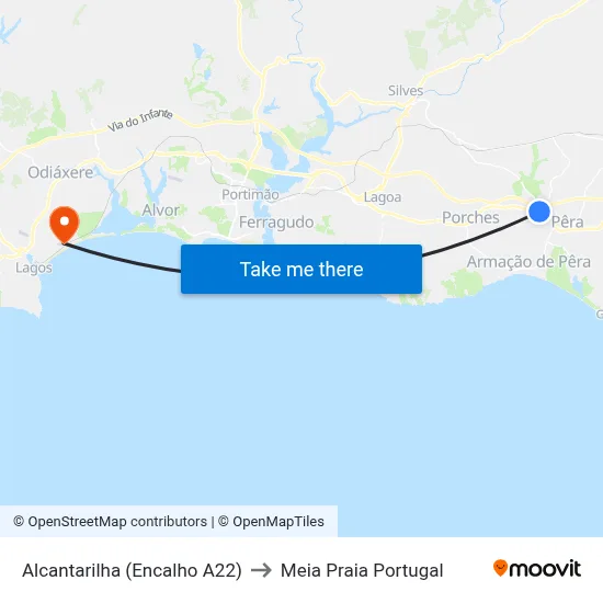 Alcantarilha (Encalho A22) to Meia Praia Portugal map