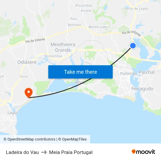 Ladeira do Vau to Meia Praia Portugal map