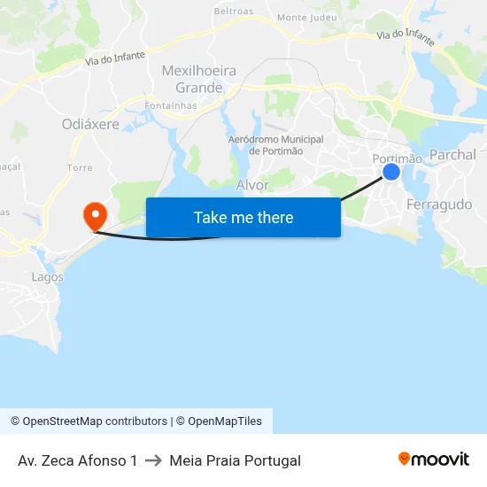 Av. Zeca Afonso 1 to Meia Praia Portugal map