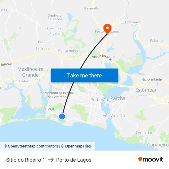 Sítio do Ribeiro 1 to Porto de Lagos map