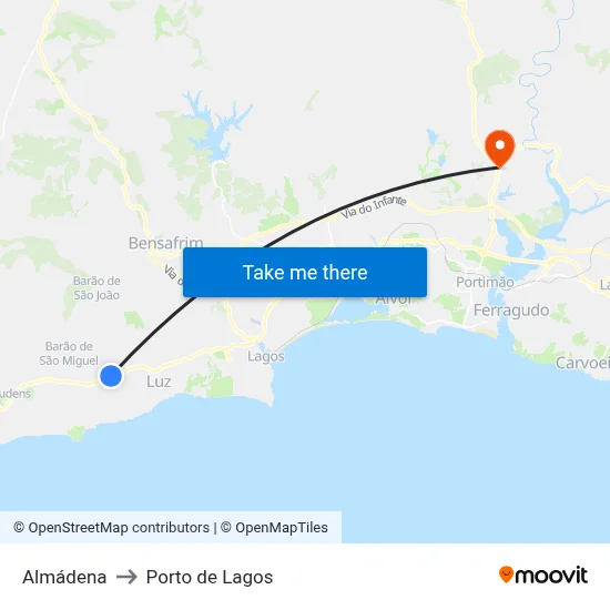 Almádena to Porto de Lagos map