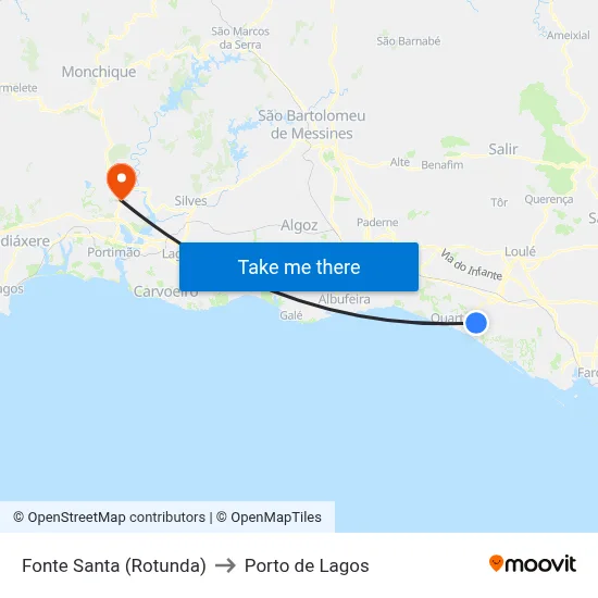 Fonte Santa (Rotunda) to Porto de Lagos map