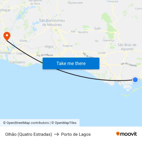 Olhão (Quatro Estradas) to Porto de Lagos map