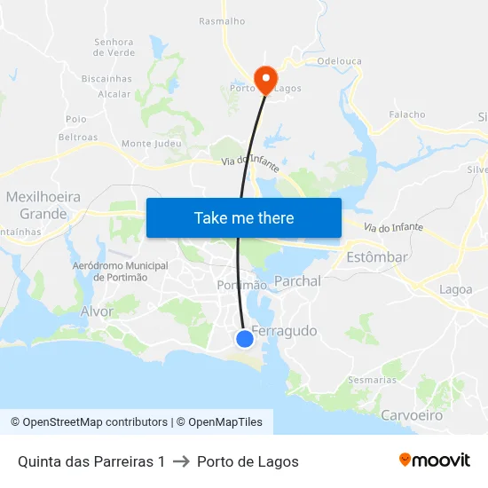 Quinta das Parreiras 1 to Porto de Lagos map