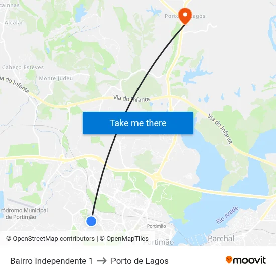 Bairro Independente 1 to Porto de Lagos map