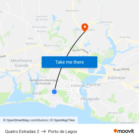 Quatro Estradas 2 to Porto de Lagos map
