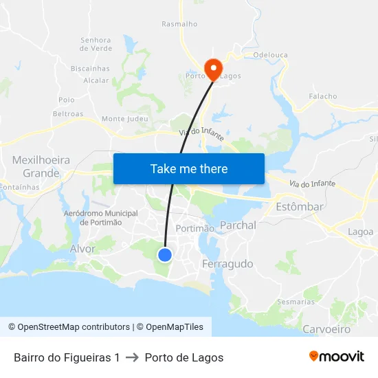 Bairro do Figueiras 1 to Porto de Lagos map