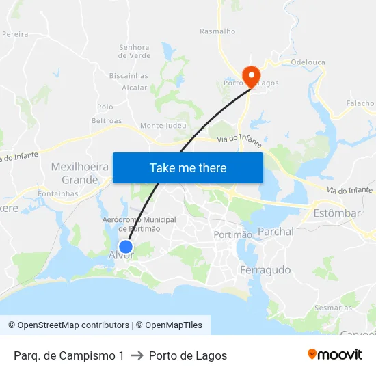 Parq. de Campismo 1 to Porto de Lagos map