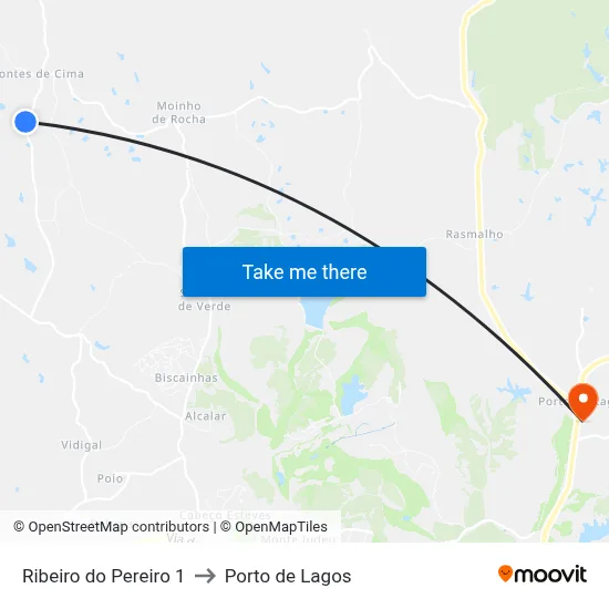 Ribeiro do Pereiro 1 to Porto de Lagos map