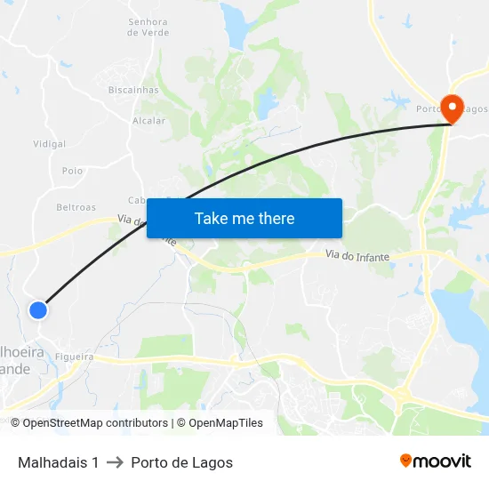 Malhadais 1 to Porto de Lagos map