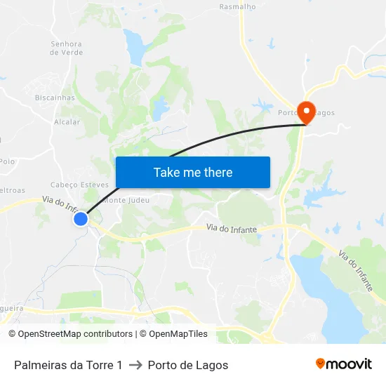 Palmeiras da Torre 1 to Porto de Lagos map