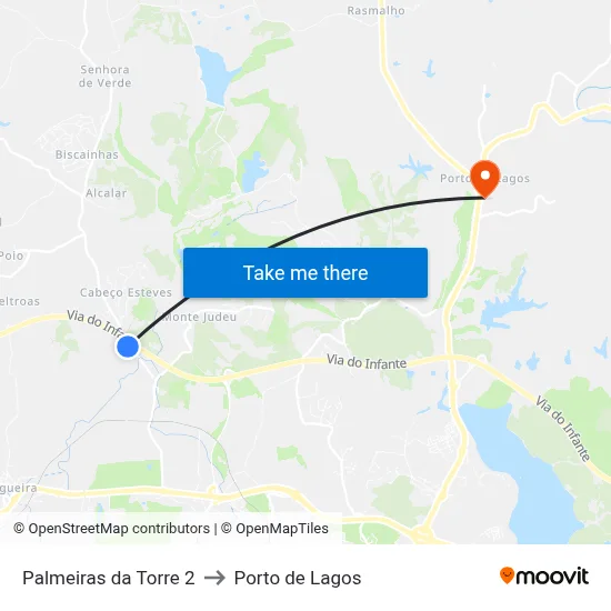 Palmeiras da Torre 2 to Porto de Lagos map