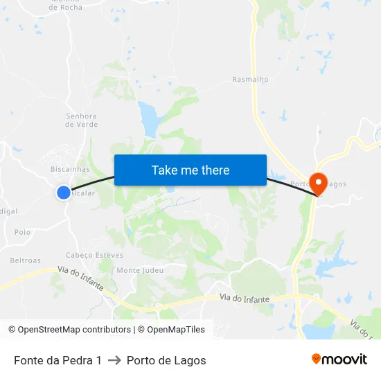 Fonte da Pedra 1 to Porto de Lagos map