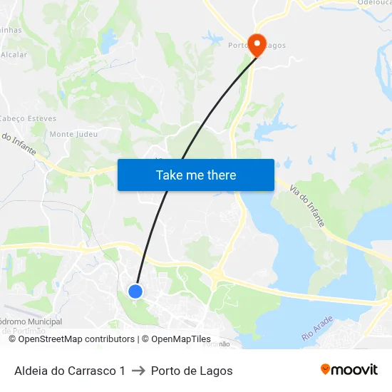 Aldeia do Carrasco 1 to Porto de Lagos map