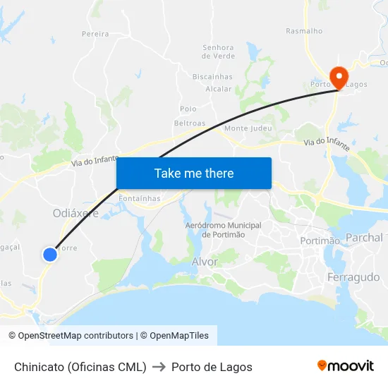 Chinicato (Oficinas CML) to Porto de Lagos map