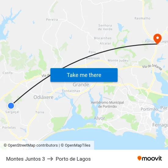 Montes Juntos 3 to Porto de Lagos map