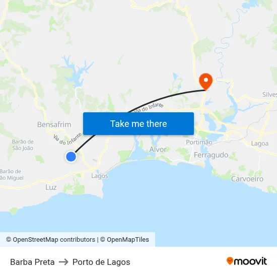 Barba Preta to Porto de Lagos map