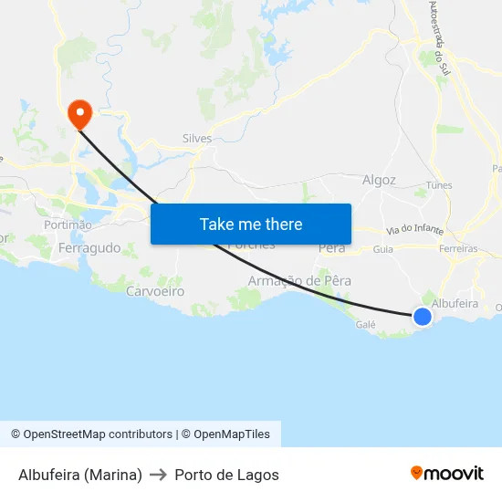 Albufeira (Marina) to Porto de Lagos map