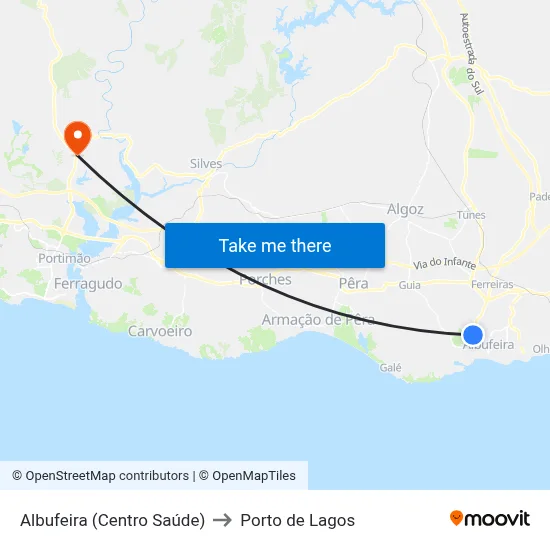 Albufeira (Centro Saúde) to Porto de Lagos map