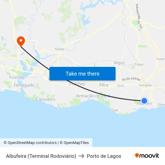 Albufeira (Terminal Rodoviário) to Porto de Lagos map