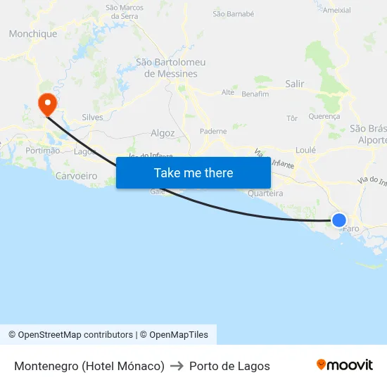 Montenegro (Hotel Mónaco) to Porto de Lagos map