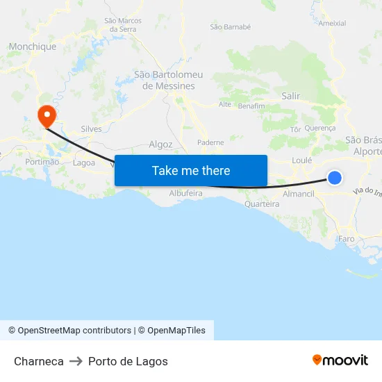 Charneca to Porto de Lagos map